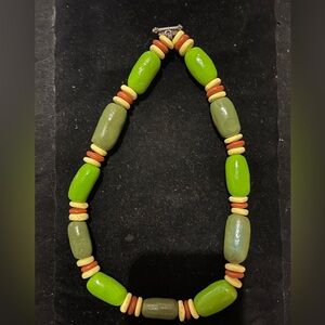 Rare Unique One of a Kind Green, Yellow, and Tan Beaded Necklace, Handmade, 21”